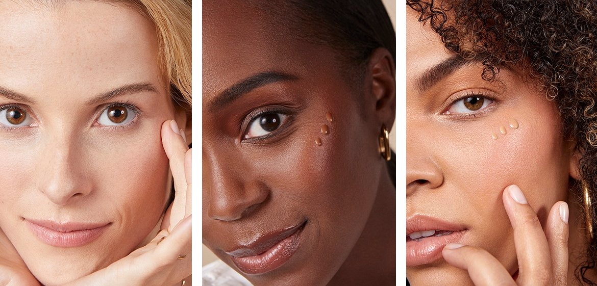 Collage drei Frauen, die Foundation auftragen
